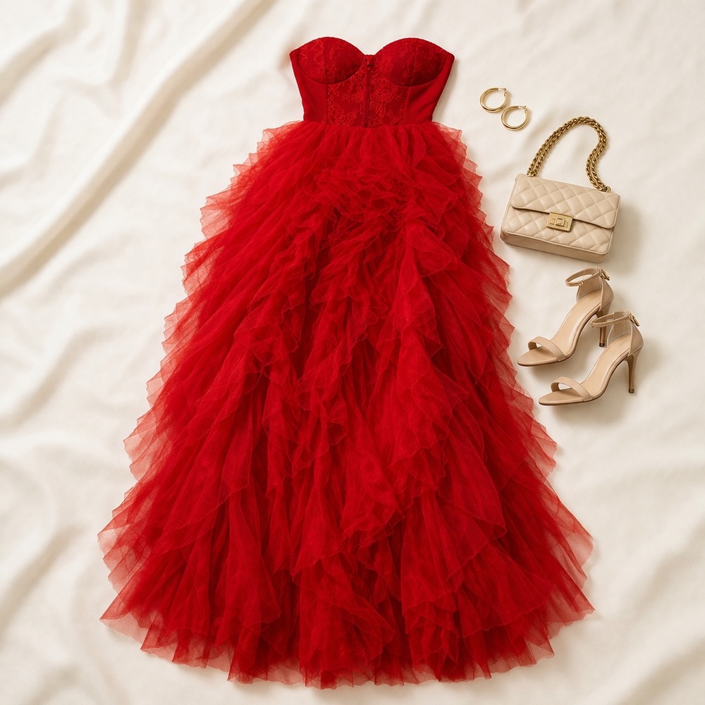 Stunning red tulle dress with a structured lace corset bodice and voluminous lay